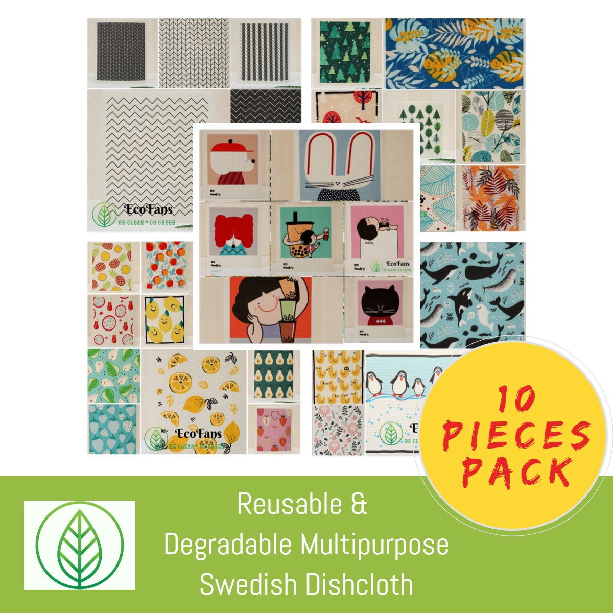 Swedish Dishcloth-Cellulose Sponge cloth Eco-Friendly Ecocare Reusable(10  packs)